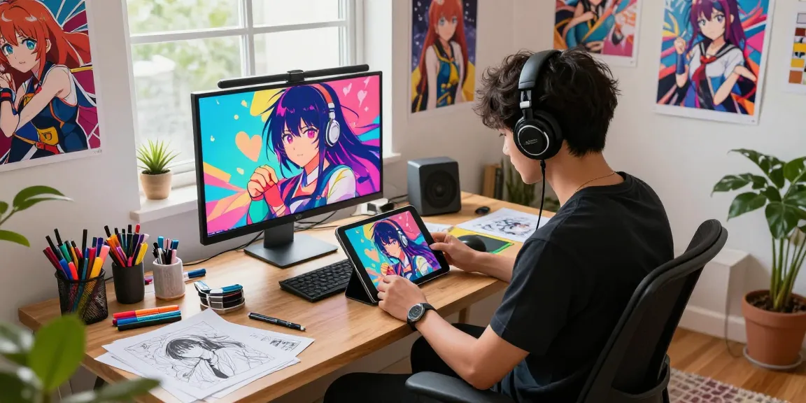 Creating vibrant ecchi art in a cozy digital studio, highlighting creativity and passion.