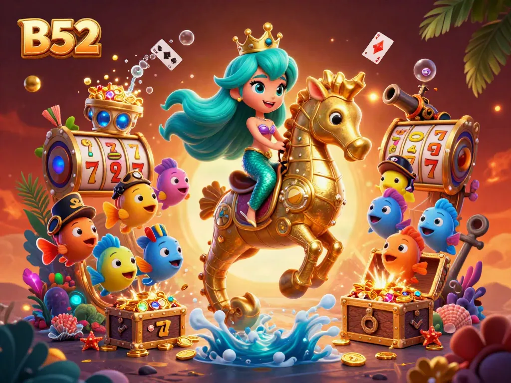 Engage in thrilling B52 casino adventures with a vibrant mermaid-themed illustration showcasing rich gambling elements.