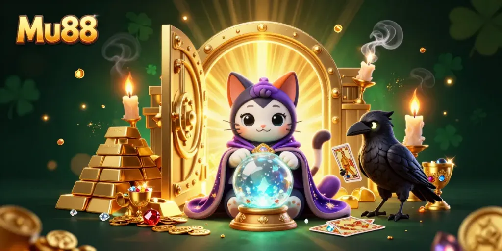 Experience thrilling gameplay at Mu88 with a vivid 3D scene showcasing fortune teller cat and raven, surrounded by rich treasures.