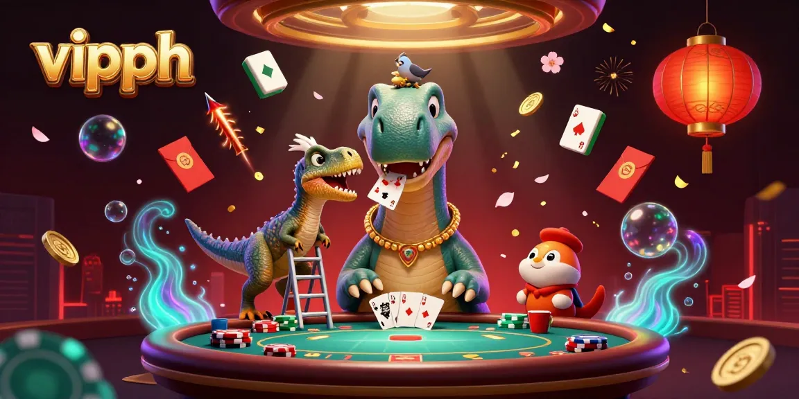 Experience thrilling poker gameplay at vipph with a vibrant 3D scene featuring a brontosaurus and clever raptor.