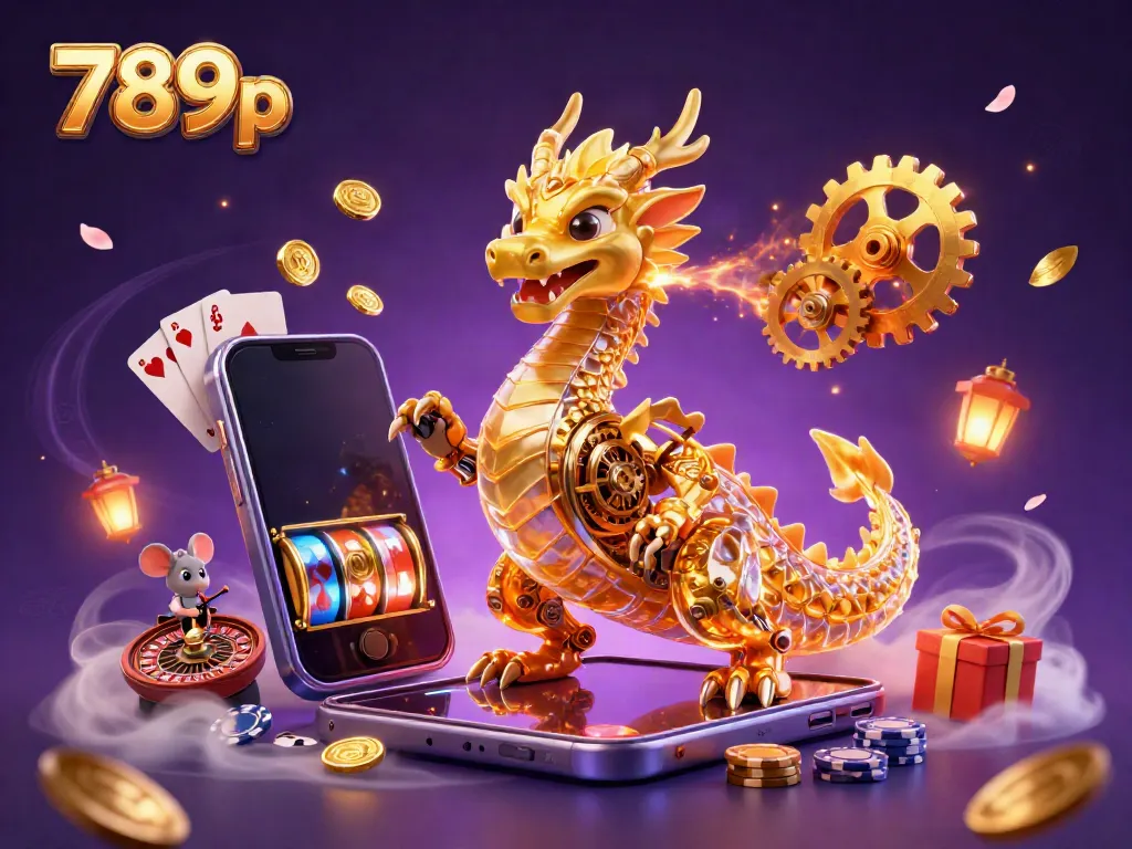 Engage in the 789p gaming world with a colorful 3D casino scene showcasing a mechanical dragon amidst vibrant slot games, coins, and cards.