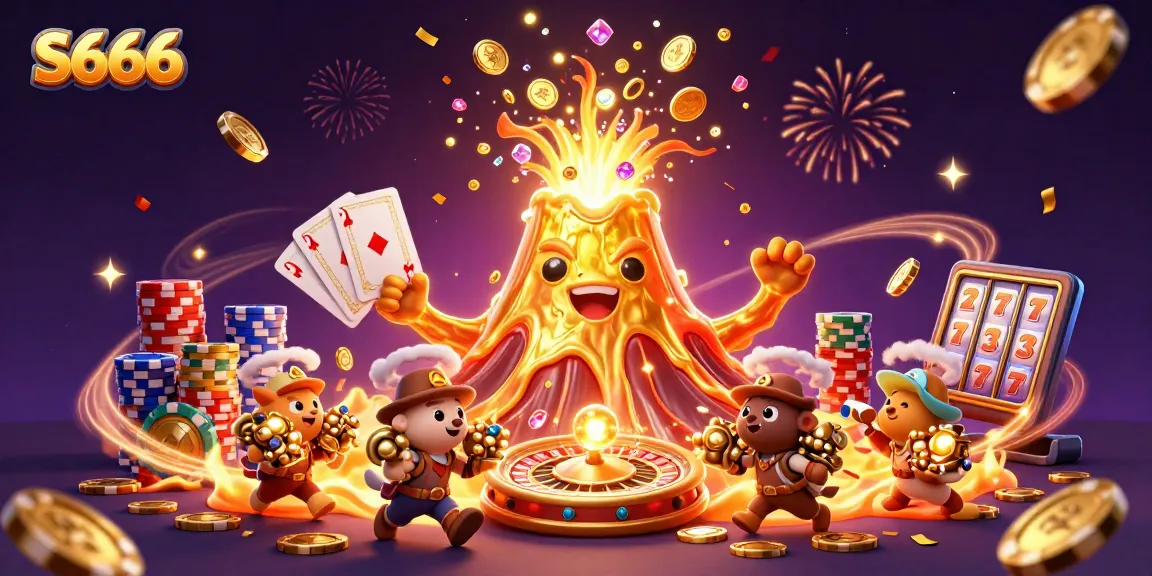 S666 elevates gambling excitement as a golden volcano erupts treasures, showcasing a vibrant casino atmosphere.