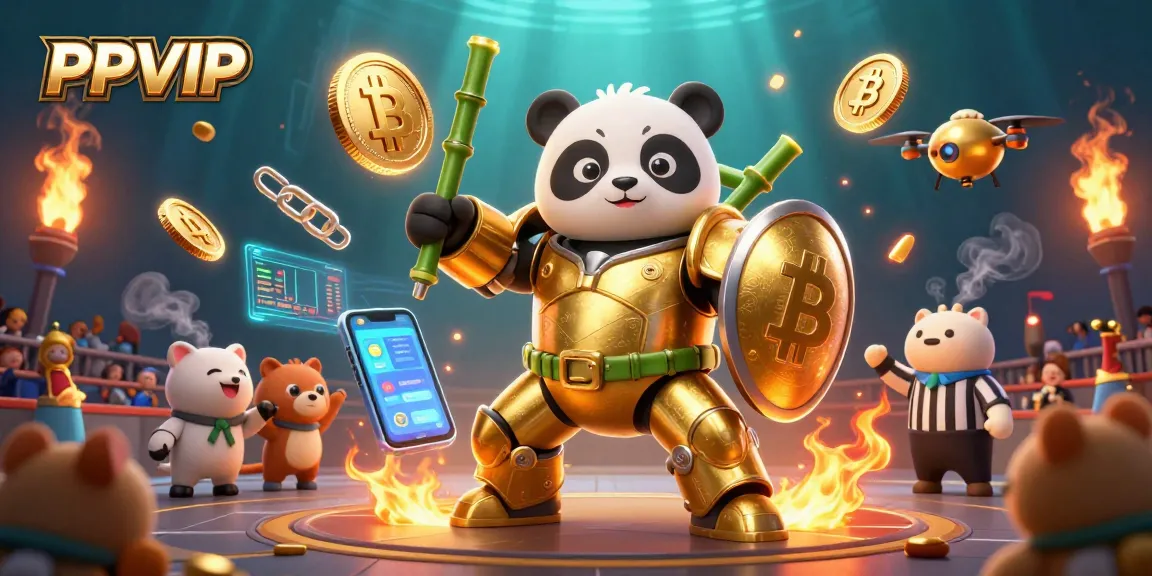 Experience the excitement of PPVIP with a golden panda in a dynamic gambling arena amidst glowing crypto elements.