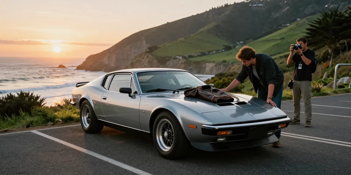 Classic 1988 HSV SV88 on coastal road, car enthusiast examining with sunset backdrop.