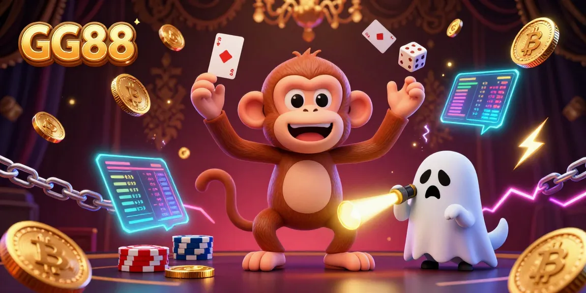 Engage with GG88's vibrant casino world featuring a playful monkey and a curious puppy amid an electric atmosphere.