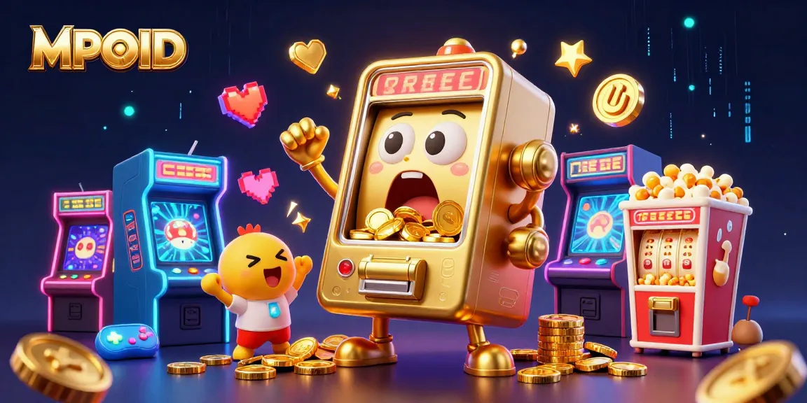 MPOID slot machine winning jackpot as coins pour out in a vibrant gaming illustration.