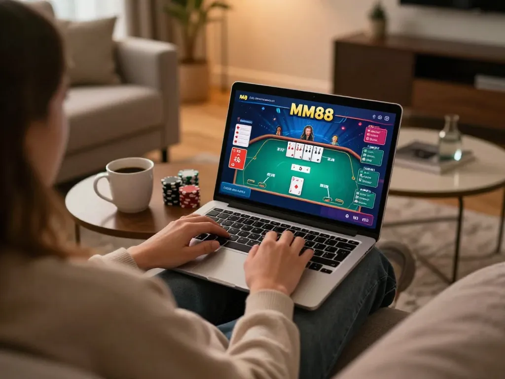 MM88 user engaging in strategic online poker game from a cozy home setup, showcasing interactive gameplay.