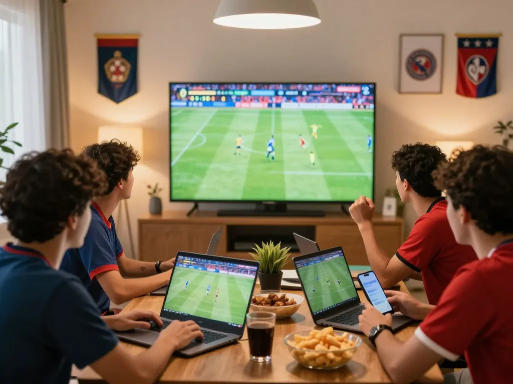 Xoilac fans enjoying a live football match in a vibrant home setting with screens and snacks.