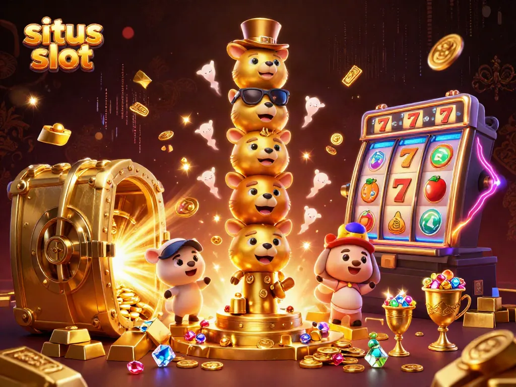 Experience vibrant gameplay with situs slot surrounded by golden treasures in an animated casino scene.