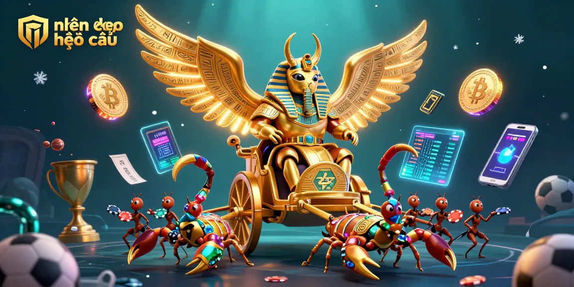 Engage with nhận định kèo nhà cái through a vibrant illustration of a golden beetle pharaoh in action, supporting sports betting insights with dynamic elements.