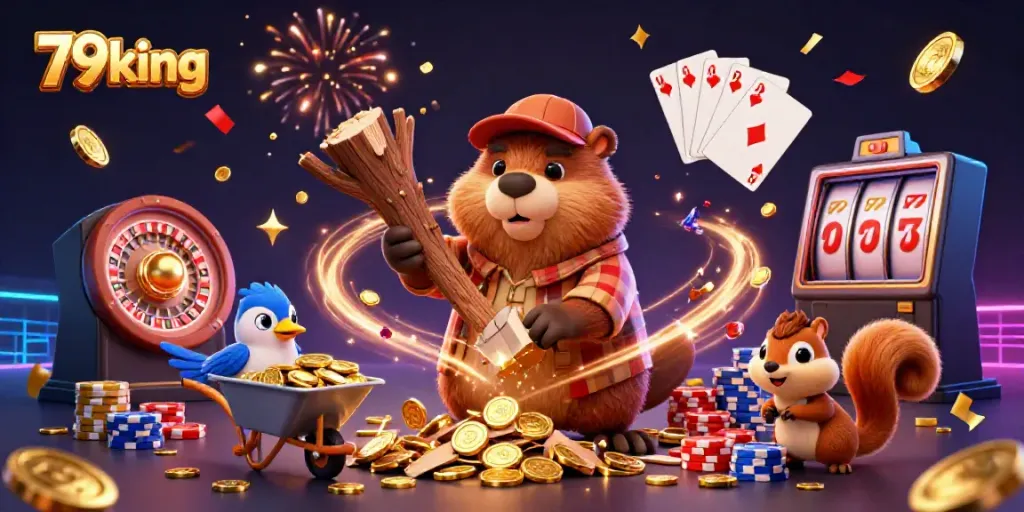Experience the excitement of 79king with a cartoon beaver and friends collecting golden coins in a casino-themed illustration.