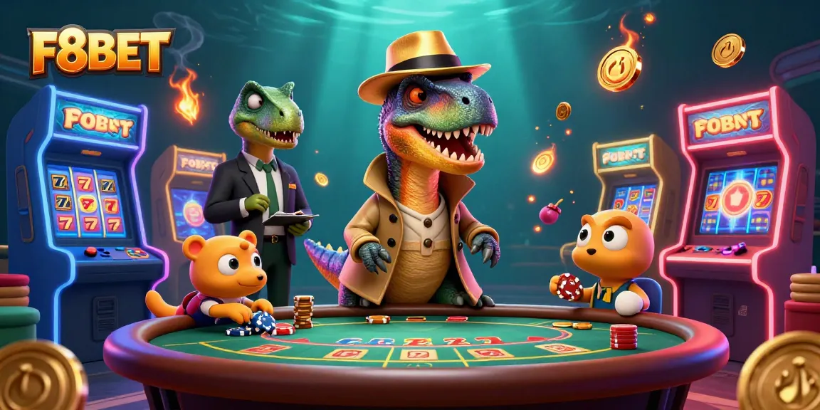 Engaging players at F8BET with thrilling illustrations of card games, joyful characters, and casino ambiance.
