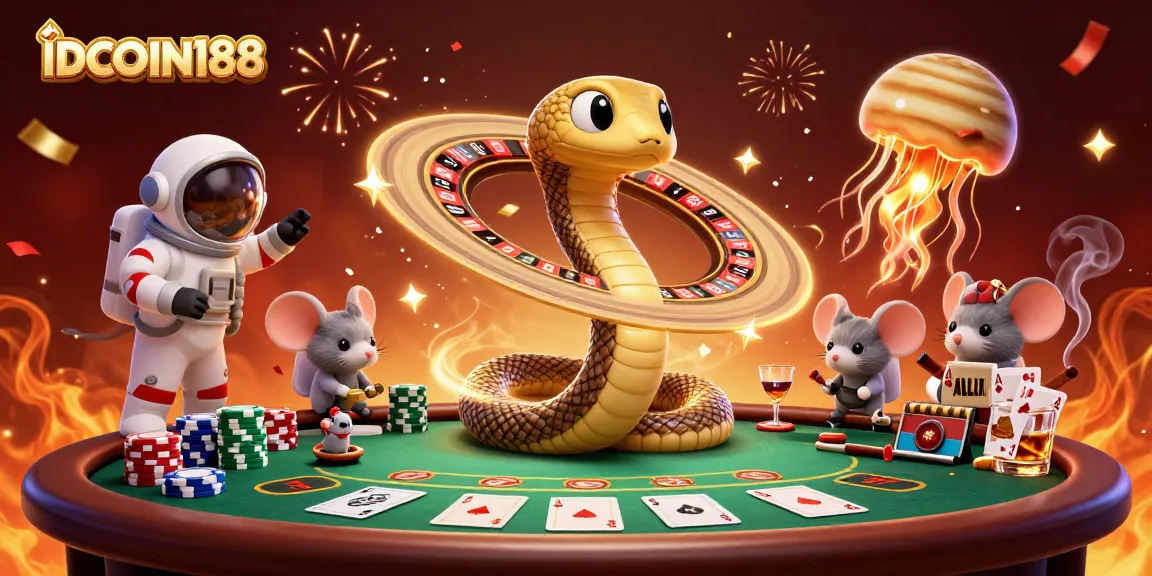 Bet on IDCOIN188 with a stunning gambling scene featuring vibrant 3D characters and casino elements.
