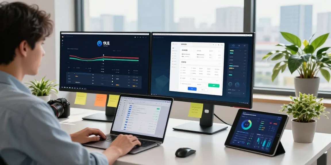 快连 app displayed on dual monitors in a modern workspace, showcasing high-speed internet performance and user-friendly design.