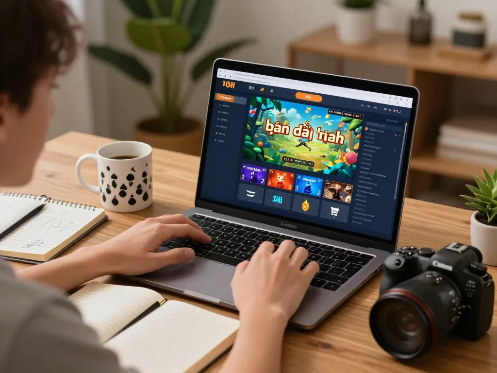 Engaging in game bài đổi thưởng on a laptop at home, promoting strategic online gameplay.
