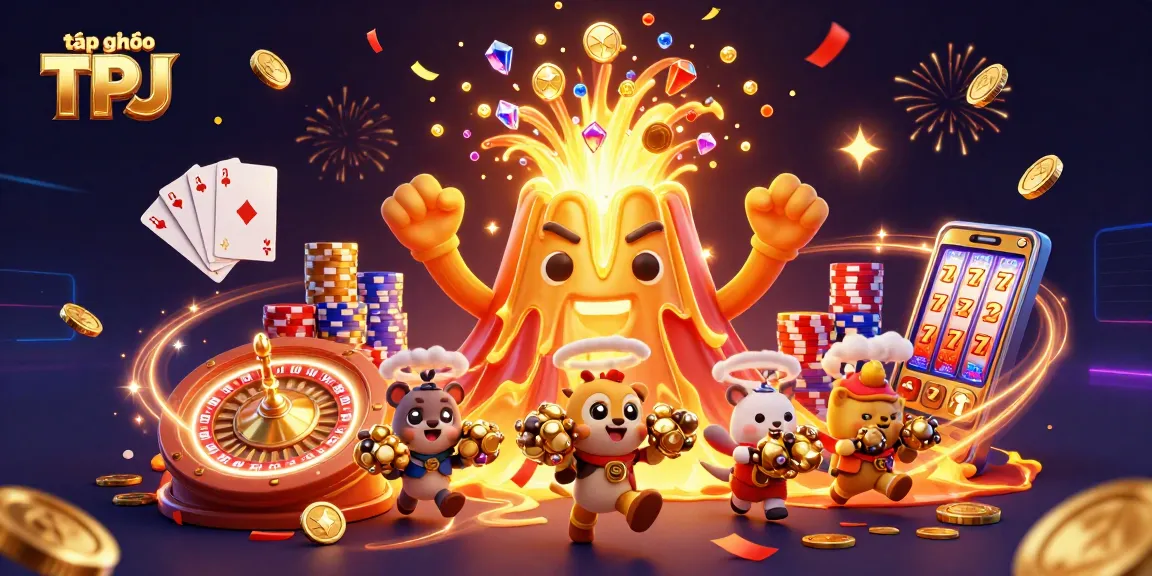 Engage with the thrilling world of tập đoàn TPJ showcasing a 3D cartoon volcano amidst vibrant casino elements.