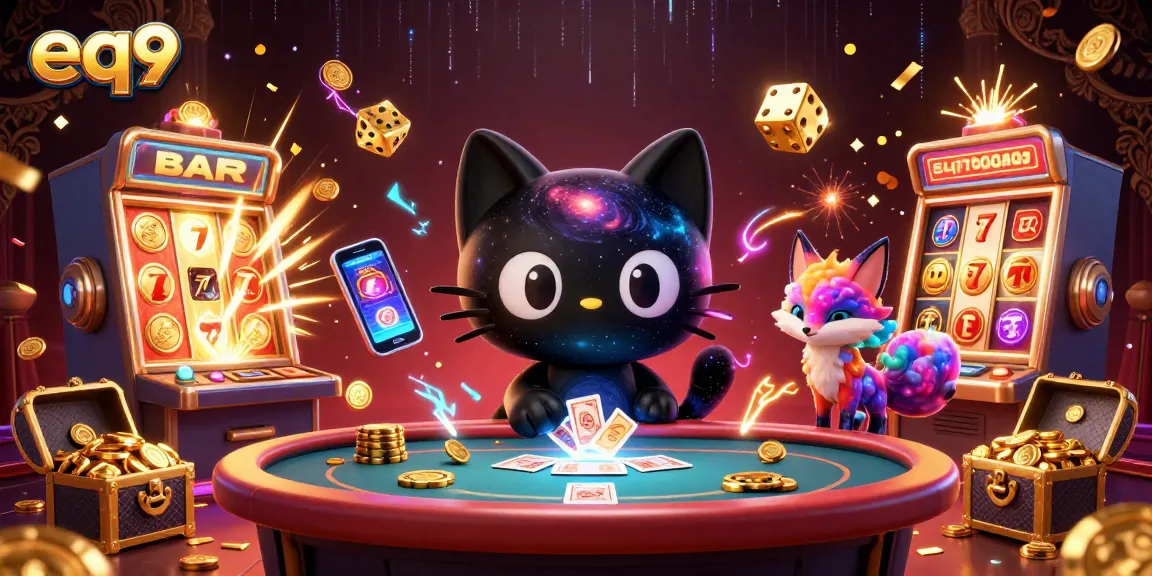 Experience excitement at eq9 with a 3D casino scene featuring vibrant characters and games.