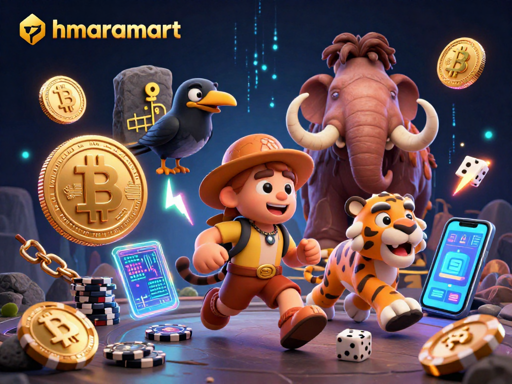hmaramart brings excitement as a prehistoric casino with engaging characters, stone poker chips, and vibrant crypto coins.