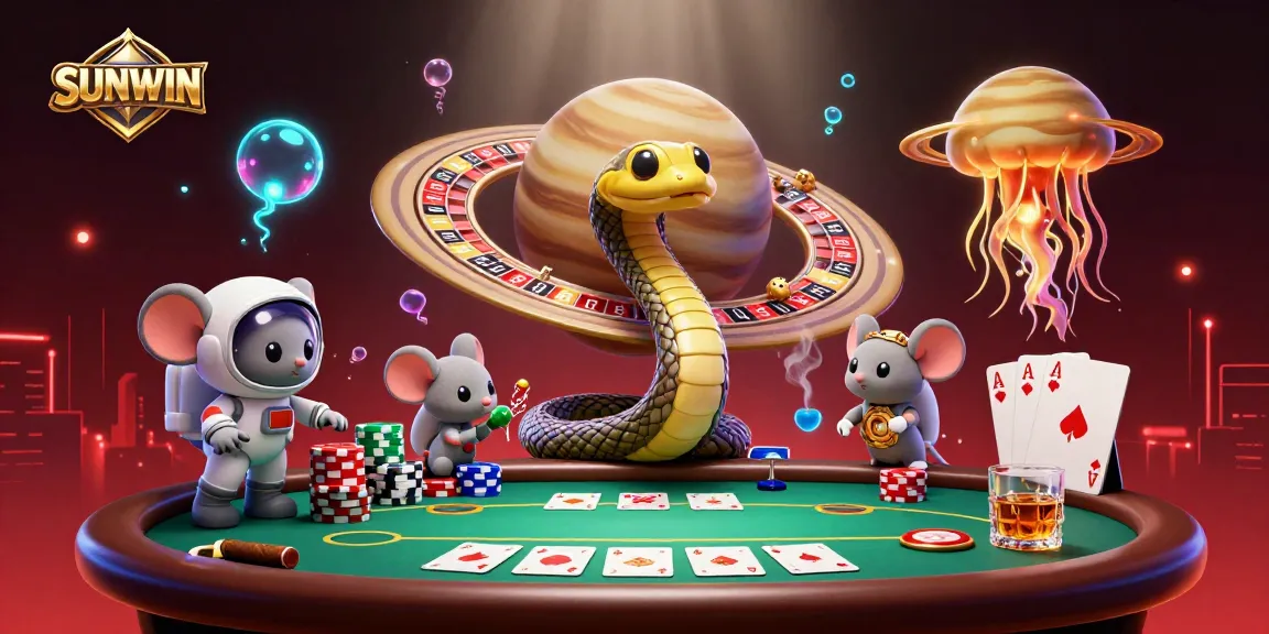 SUNWIN showcases astronauts placing bets on cosmic roulette in a vibrant casino scene