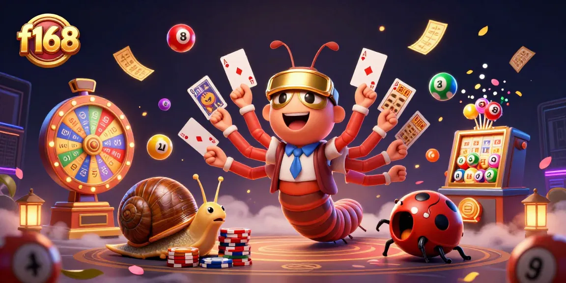 Experience an exciting f168 casino scene with a millipede dealer and high-roller snail amidst vibrant games.