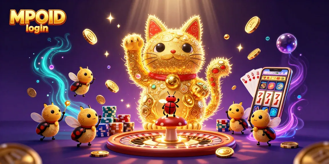 Interact with MPOID login to enjoy thrilling casino games featuring vibrant symbols, lucky cat, and colorful chips.