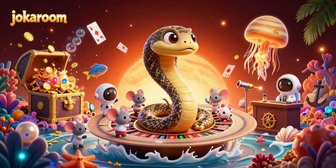 Experience thrilling bets with jokaroom in a vibrant cosmic casino scene featuring a roulette wheel and astronaut mice.