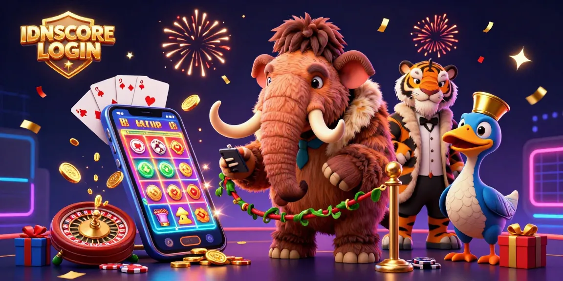 Engage with IDNSCORE LOGIN at this vibrant casino scene featuring a woolly mammoth bouncer and a saber-tooth VIP.