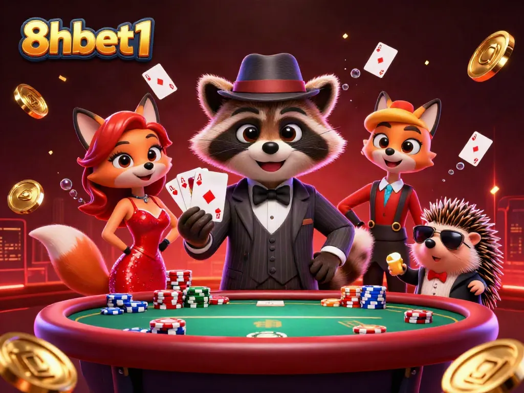 Experience thrilling wins with 8xbet1 at a dynamic casino table featuring vibrant characters and poker elements.