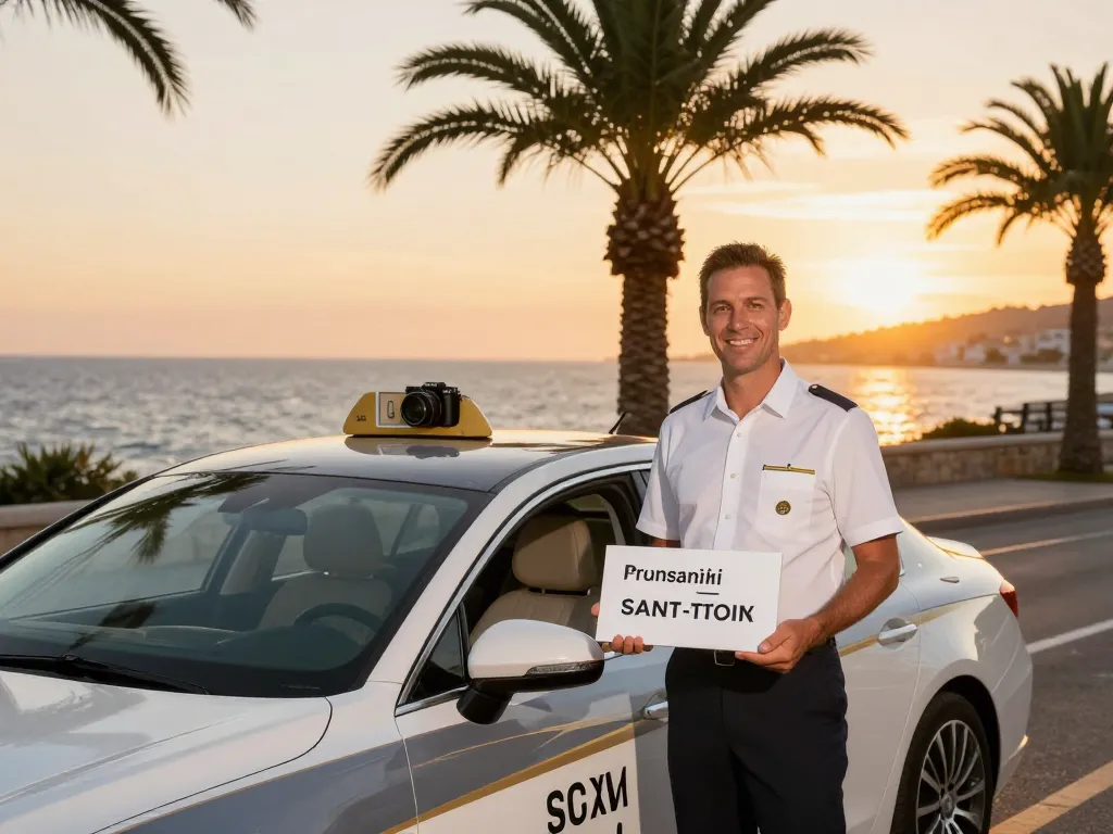 Taxi St Tropez avec un chauffeur professionnel accueillant des invités au coucher du soleil dans un cadre côtier luxueux.