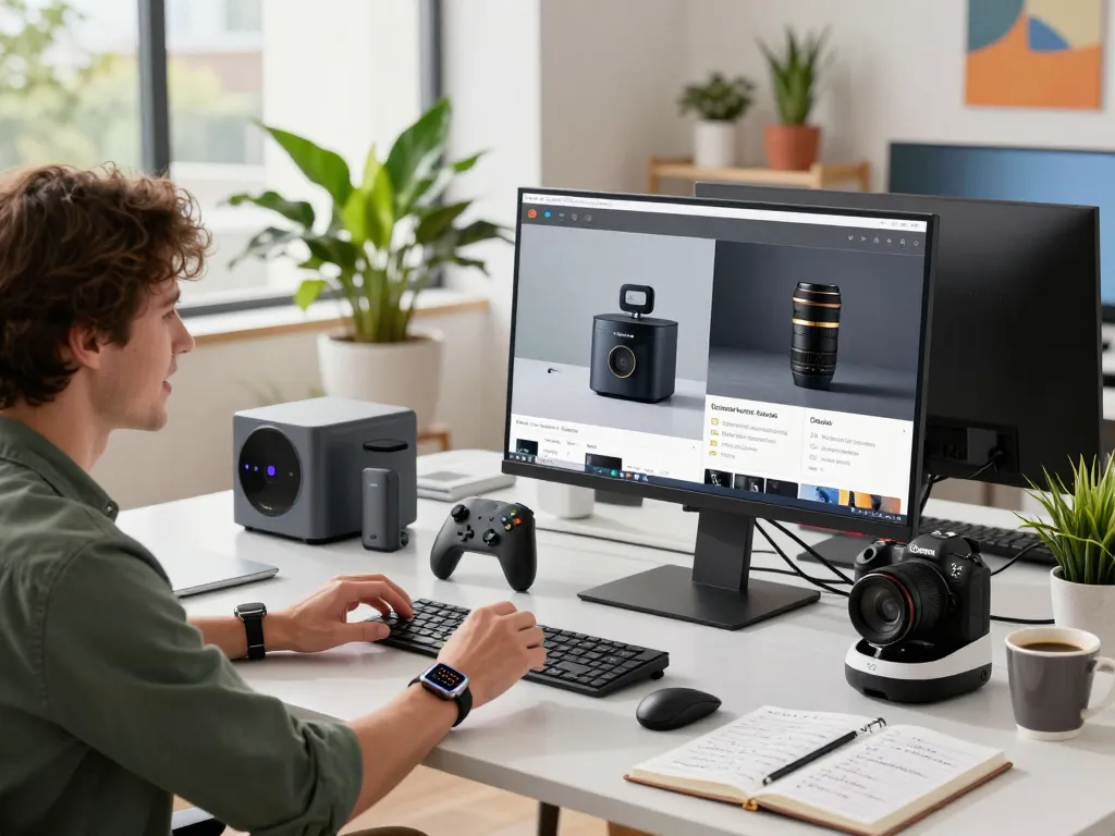 Person reviewing innovative tech gadgets at a modern workspace with Bluetooth devices and multiple screens.
