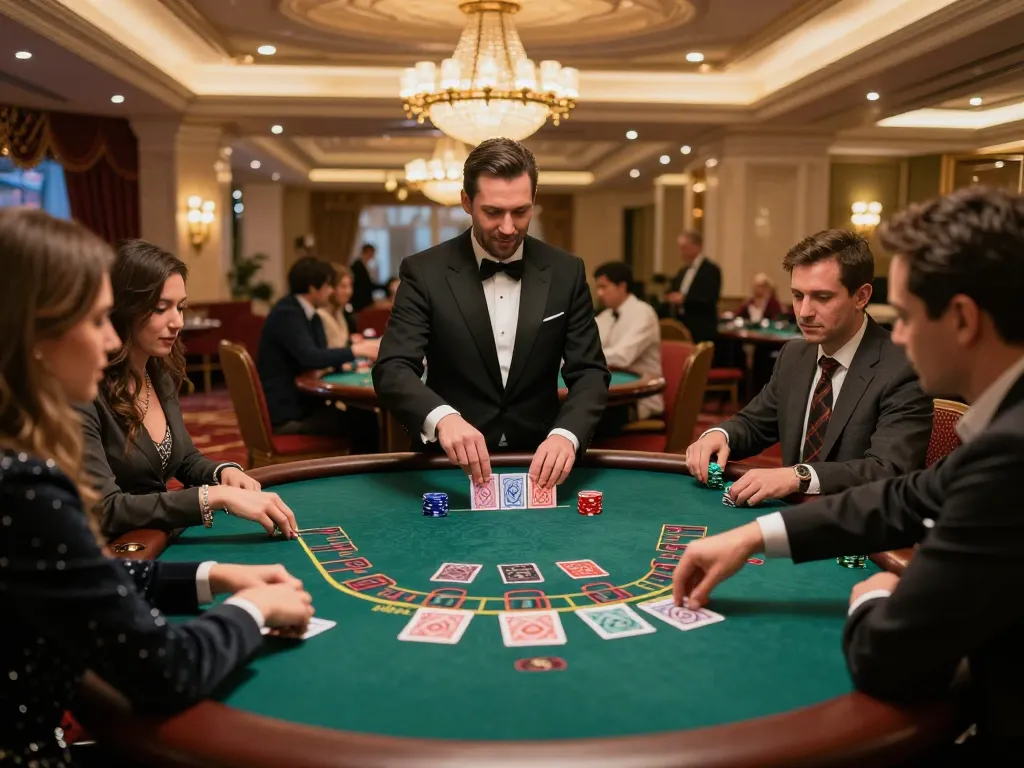 Players engaging at a blackjack table in a kjc casino, highlighting excitement and tension in a luxurious atmosphere.