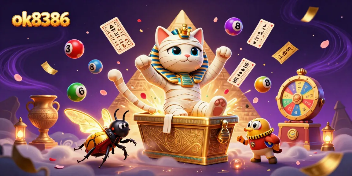 Engage with ok8386's dynamic casino scene featuring a playful Egyptian mummy cat and glowing scarab.