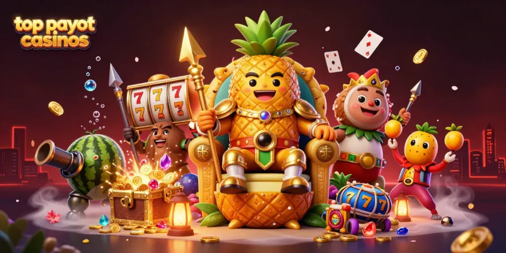 Experience top payout casinos with a vibrant scene featuring golden pineapple king, dynamic gameplay elements, and lively casino atmosphere.