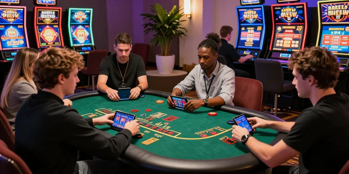 Winbox Official mobile casino gaming scene, players enjoying Blackjack and slots in a vibrant atmosphere
