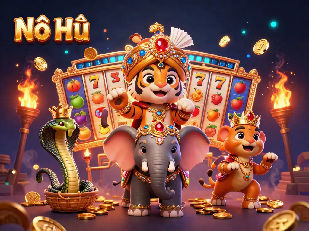 Experience the excitement of Nổ Hũ with a cartoon Maharaja tiger and jeweled elephant amid casino games.