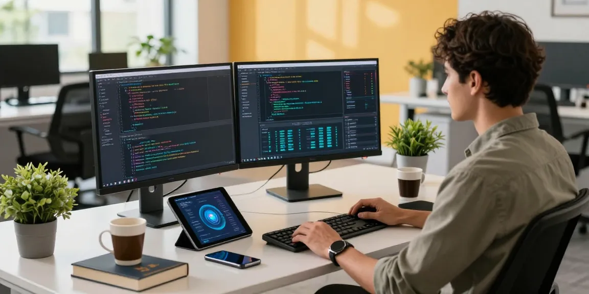 Developer using 快连 in a modern workspace with tech gadgets and natural light.