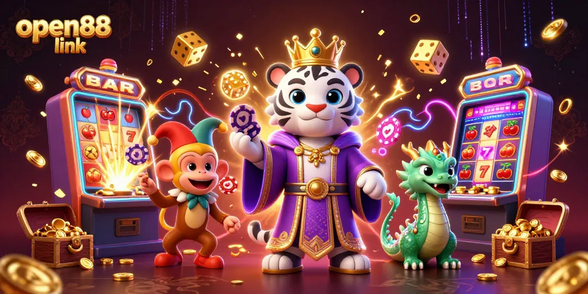 Experience the thrill of gaming at open88 link with vibrant 3D characters and casino symbols in an exciting scene.