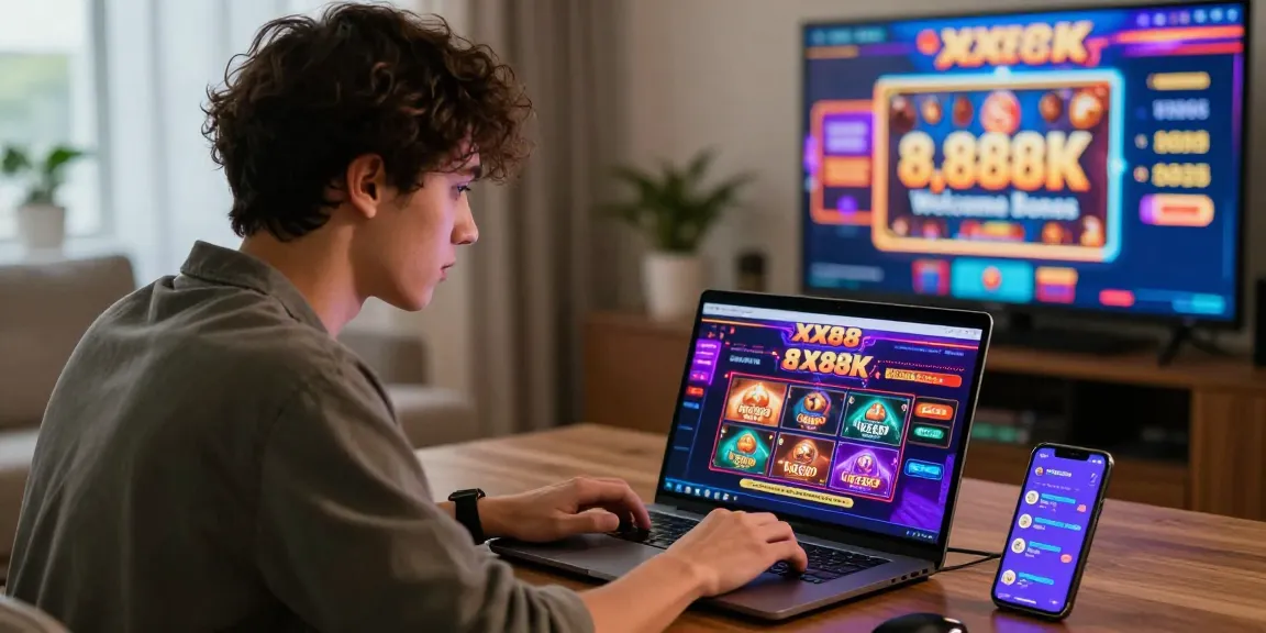 Young man exploring the XX88 gaming platform for exciting online betting opportunities and promotions like Rr8i bonuses.