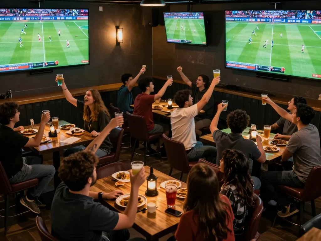 Xoilac offers thrilling live sports betting experiences with excited fans enjoying football matches in a vibrant sports bar atmosphere