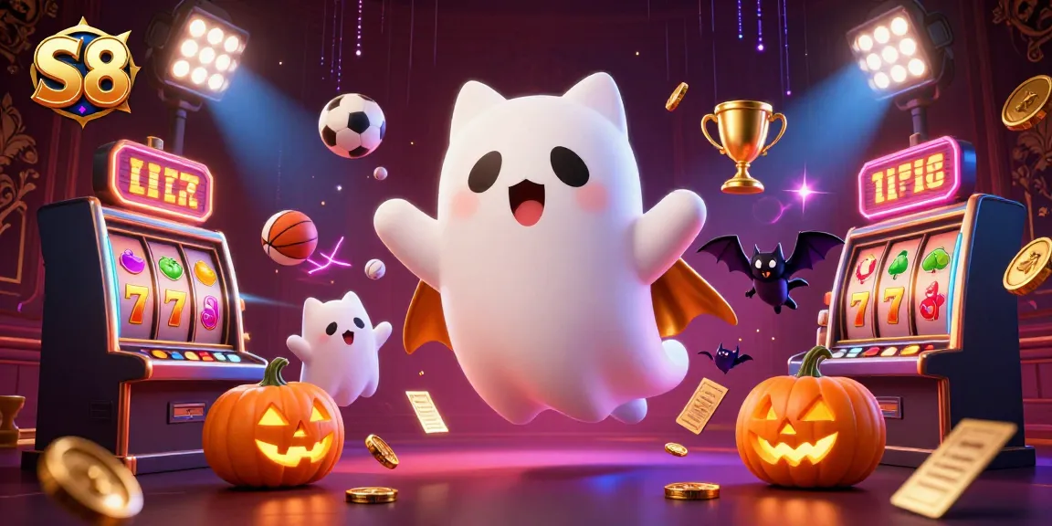 Engage in S8's thrilling casino adventures with a ghost cat and vampire bat amidst dynamic slot games.