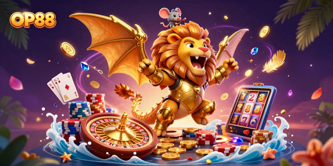 Experience OP88's vibrant casino adventures with a roaring chimera and dynamic gaming elements.