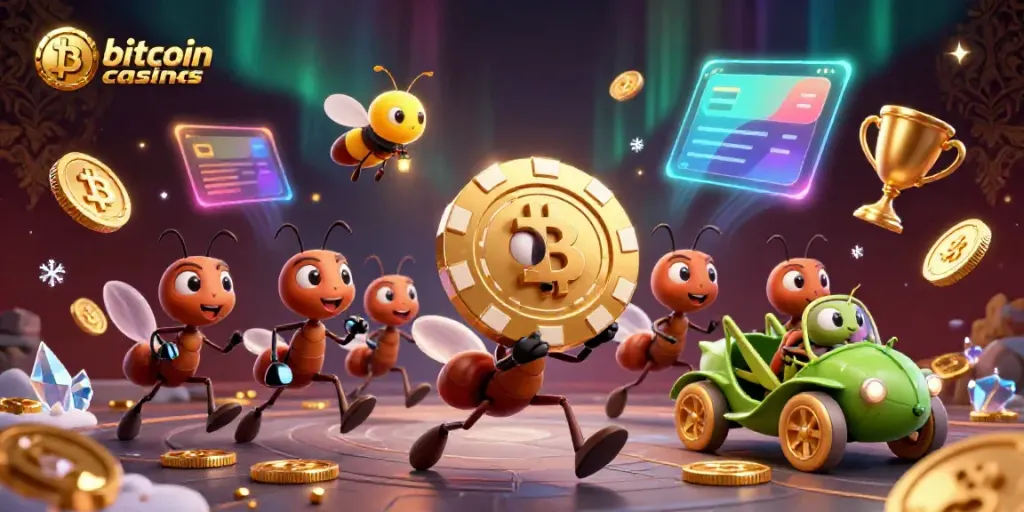 Engage with bitcoin casinos as cartoon ants orchestrate a heist with vibrant visuals.