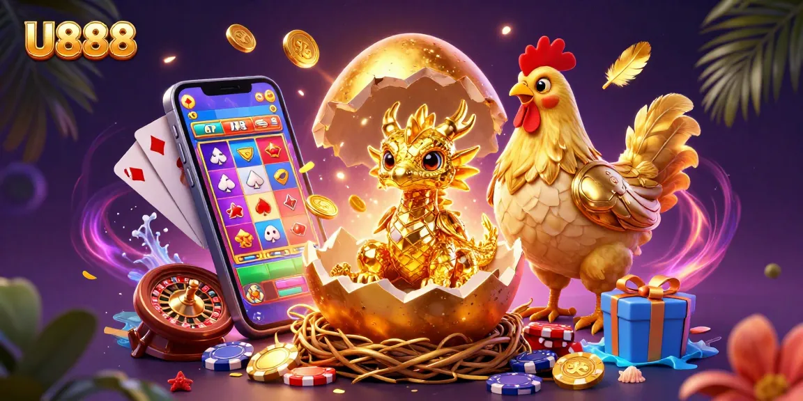 Experience the thrilling U888 casino scene with a golden dragon and dynamic gaming elements.