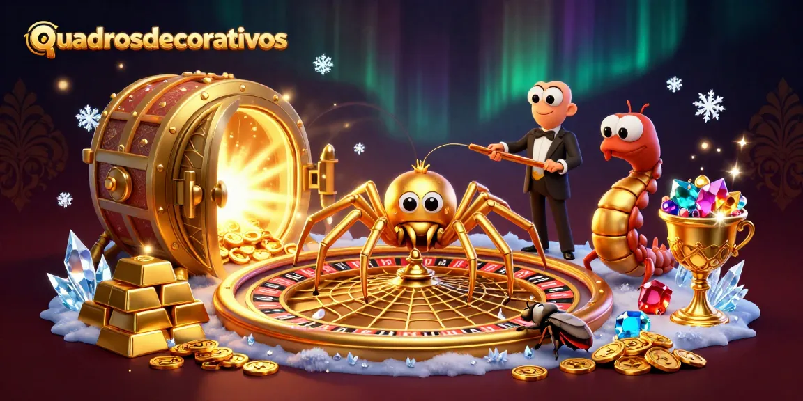 Quadrosdecorativos illustrated scene of a golden spider and centipede croupier at a roulette wheel