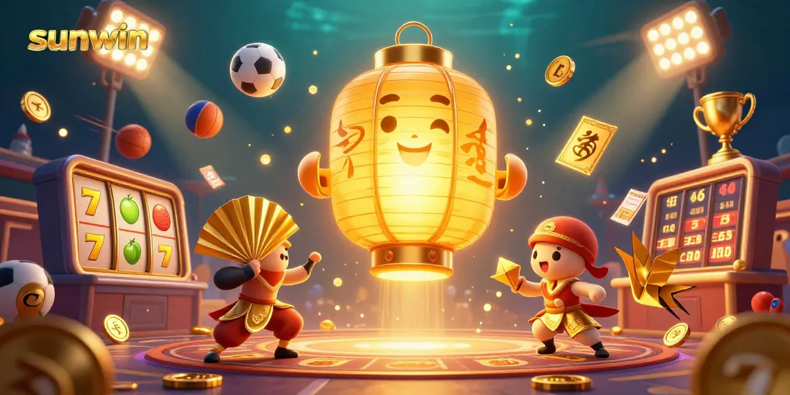 Engage with Sunwin's vibrant casino scene featuring golden lanterns, sports elements, and slot symbols.