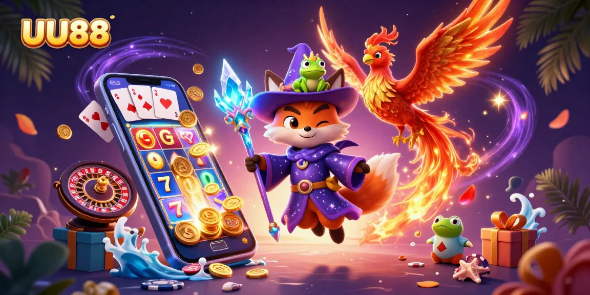 UU88 engages players with a mystical scene featuring a wizard fox and slot games.