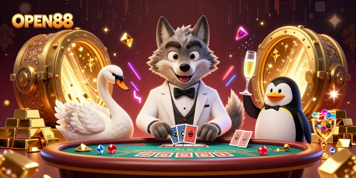 Open88 enhances baccarat fun with animated characters at a glamorous casino scene.