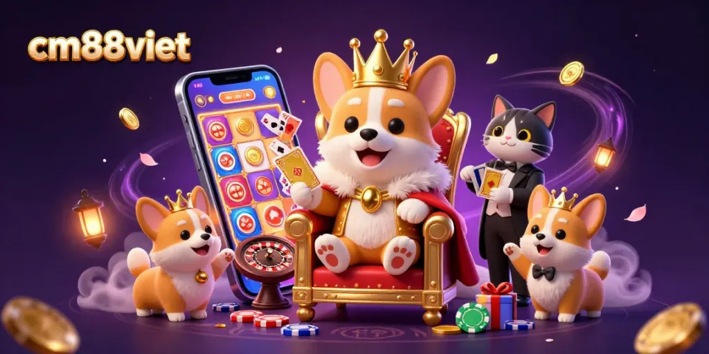 Play exciting games at cm88viet with a whimsical royal corgi and a cat butler in a vibrant casino setting.