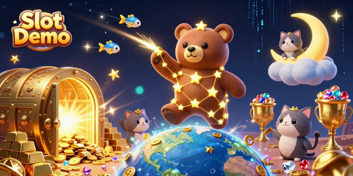Engage with Slot Demo through a vibrant 3D casino scene of golden treasures and whimsical characters.