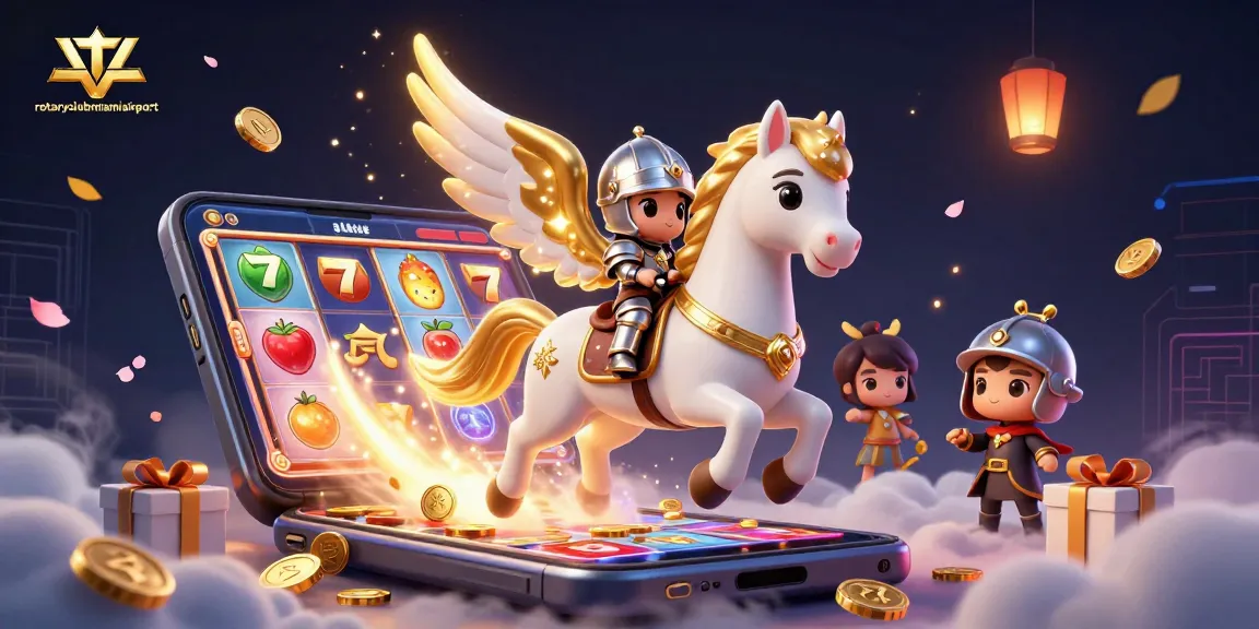 Play Slot Games with rotaryclubmiamiairport's stylish illustration of a knight riding a celestial horse.